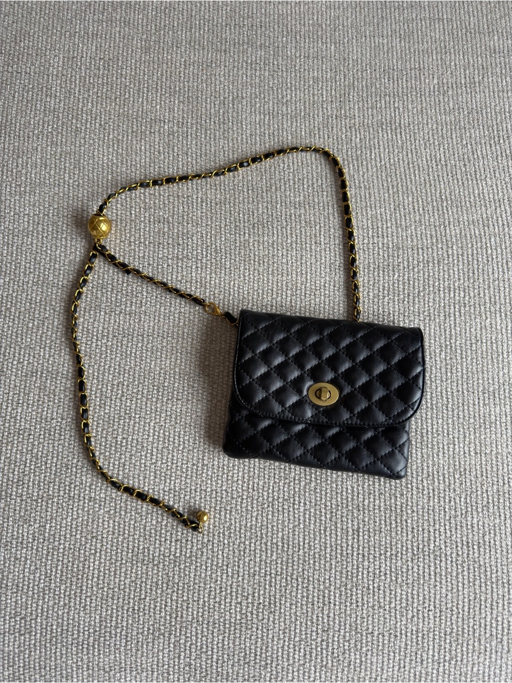 Black Quilted Chain Waist Bag with Gold Hardware